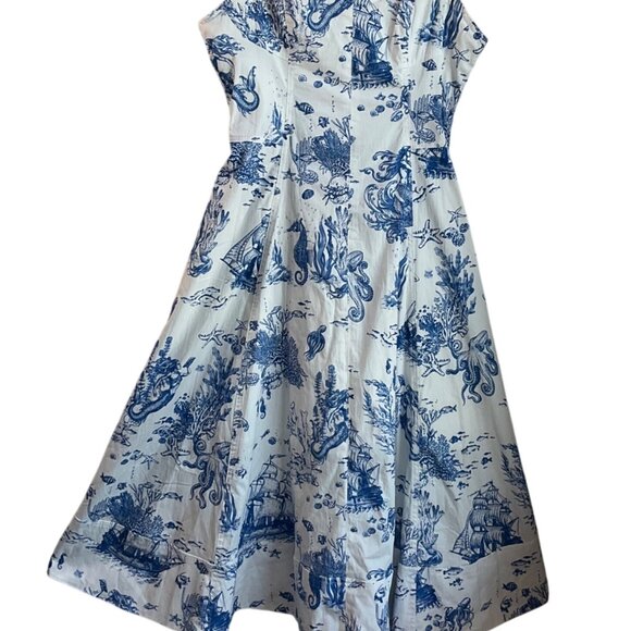 New Avec Les Filles 6 Blue White Toile Sea Creatures Mermaid Seahorse Midi dress - Picture 14 of 16